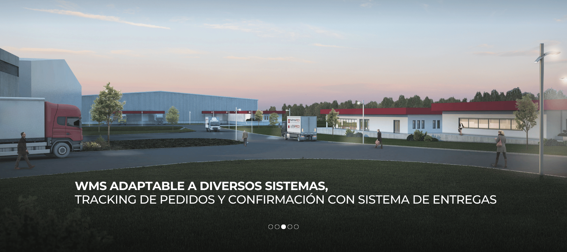 Camiones de distribución y centro logístico con sistema WMS adaptable y tracking de pedidos.